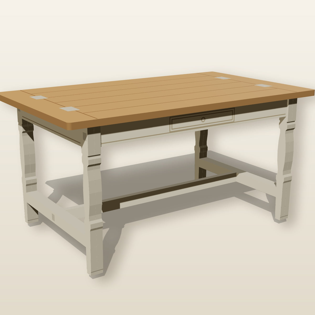 Piece #1: 1:12 farmhouse kitchen table with turned legs, breadboard-end plank top and drawer front