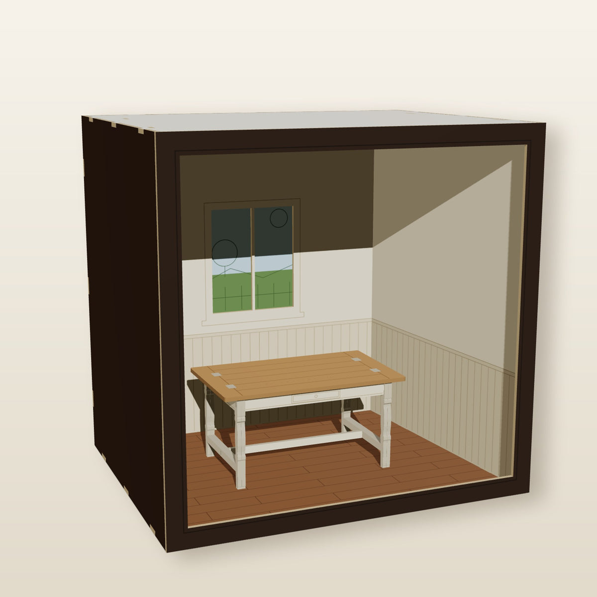 Farmhouse kitchen table inside the 1:12 Cottage Kitchen Room Box - year one of The Monthly Bench