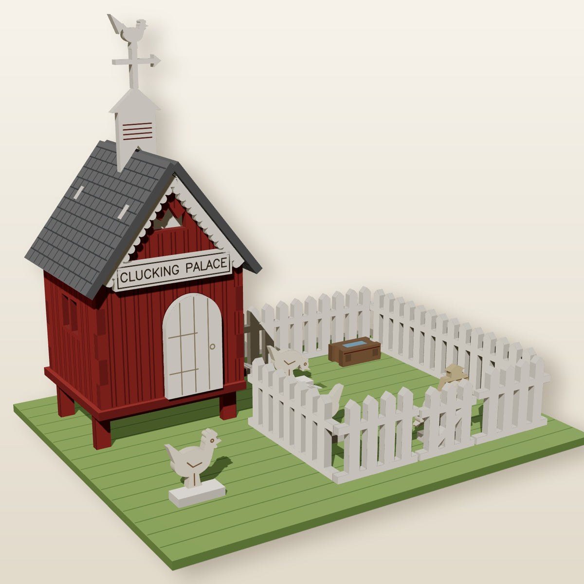 Clucking Palace Royal Coop 1:24 laser-cut chicken coop scene with lift-off roof, weathervane, picket run and hens