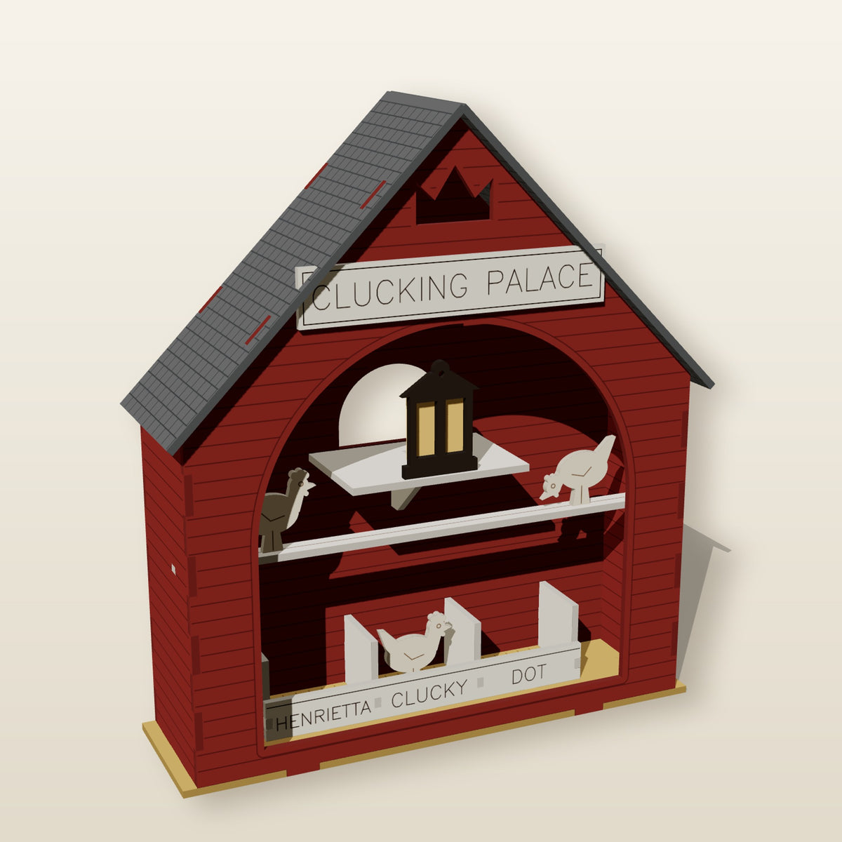 Clucking Palace Coop Box wall-hanging chicken coop scene box with sign, crown cut-out and lit lantern