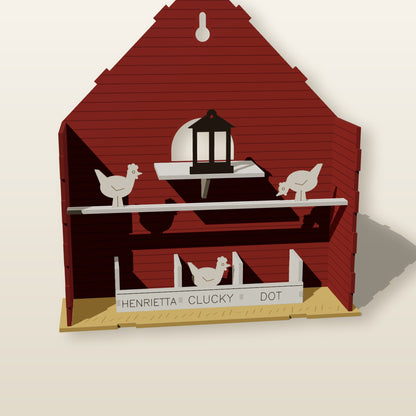Inside the Coop Box: hens on the roost bar, nesting boxes for Henrietta, Clucky and Dot, lantern on the lamp shelf