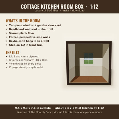 What's in the Cottage Kitchen Room Box: window, beadboard, plank floor, keyholes, 12 pieces on 9 boards