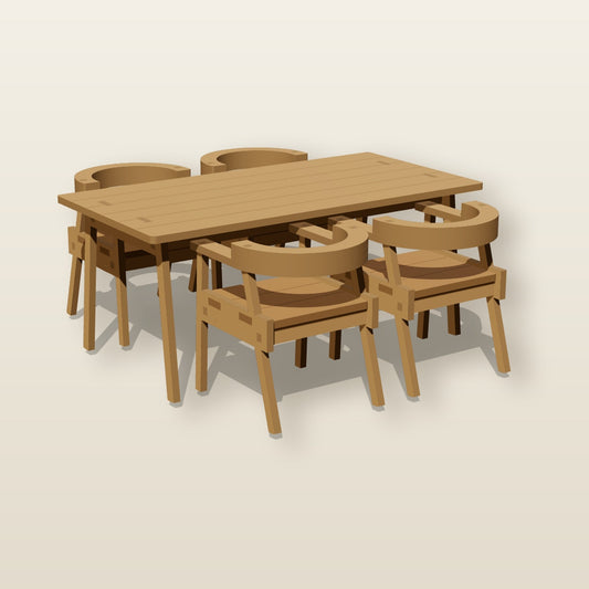 1:12 dollhouse dining set wood kit - plank-top table with four curved-back armchairs