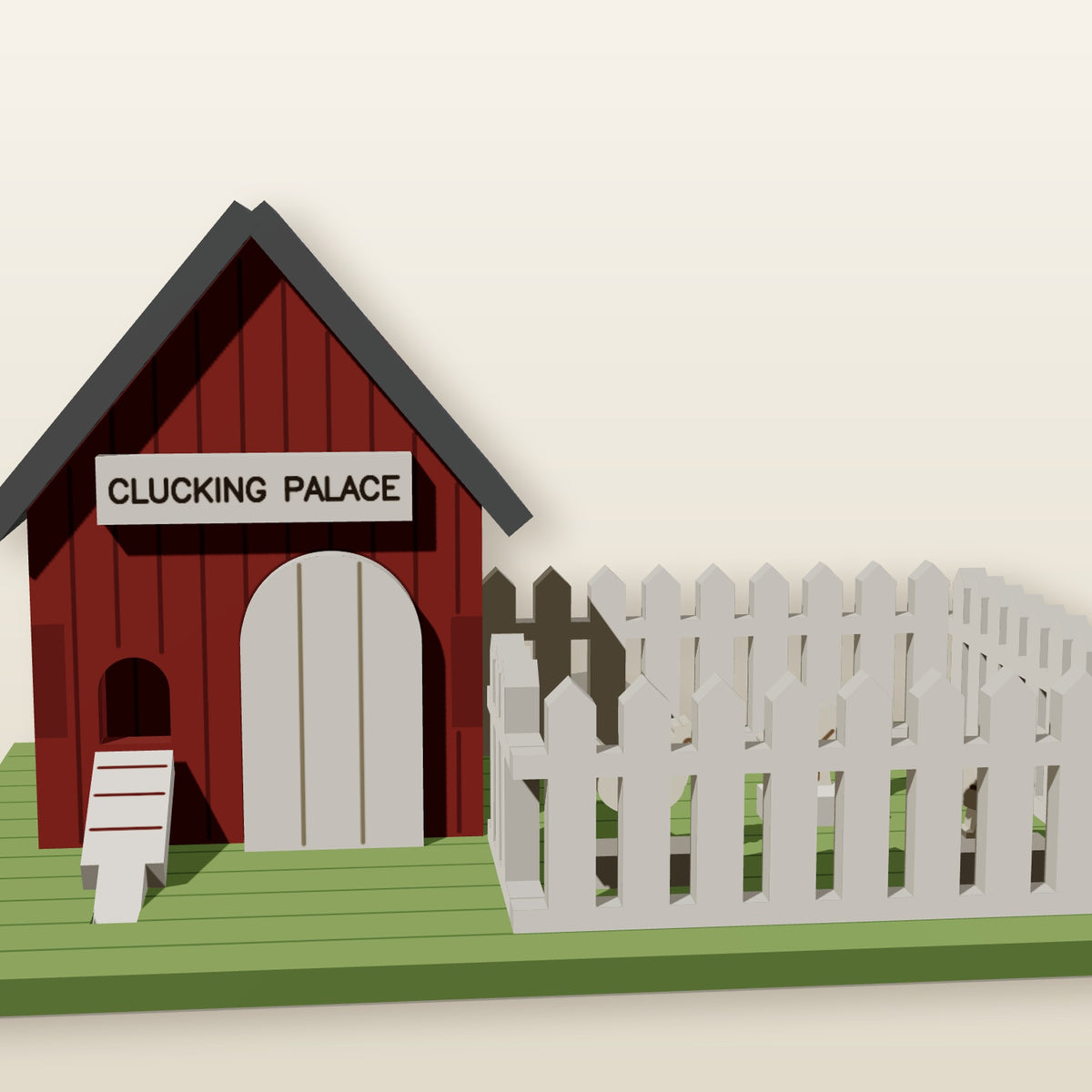 Front view of the Farmyard Palace coop with its ramp and tiny Clucking Palace sign