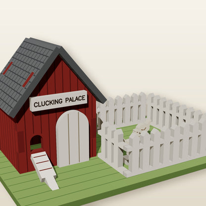 Clucking Palace Farmyard Palace 1:48 chicken coop with picket run and three chickens