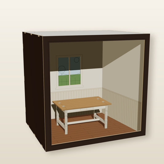 Farmhouse kitchen table inside the 1:12 Cottage Kitchen Room Box - year one of The Monthly Bench