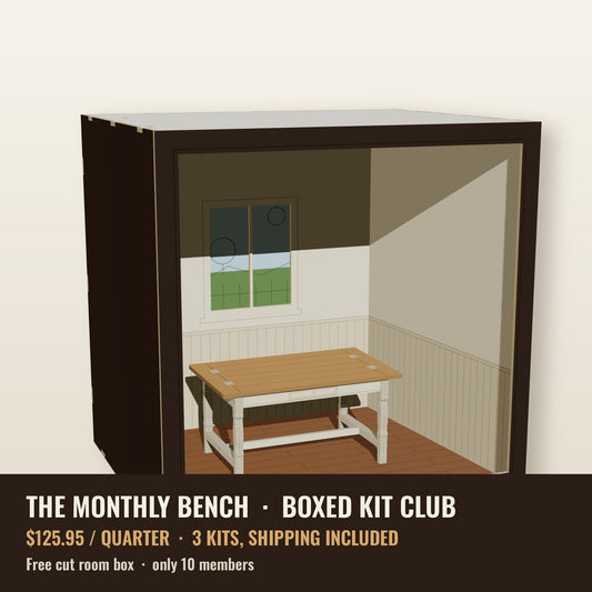The Monthly Bench boxed kit club - 1:12 cottage kitchen room box with farmhouse table, $125.95 a quarter, shipping included