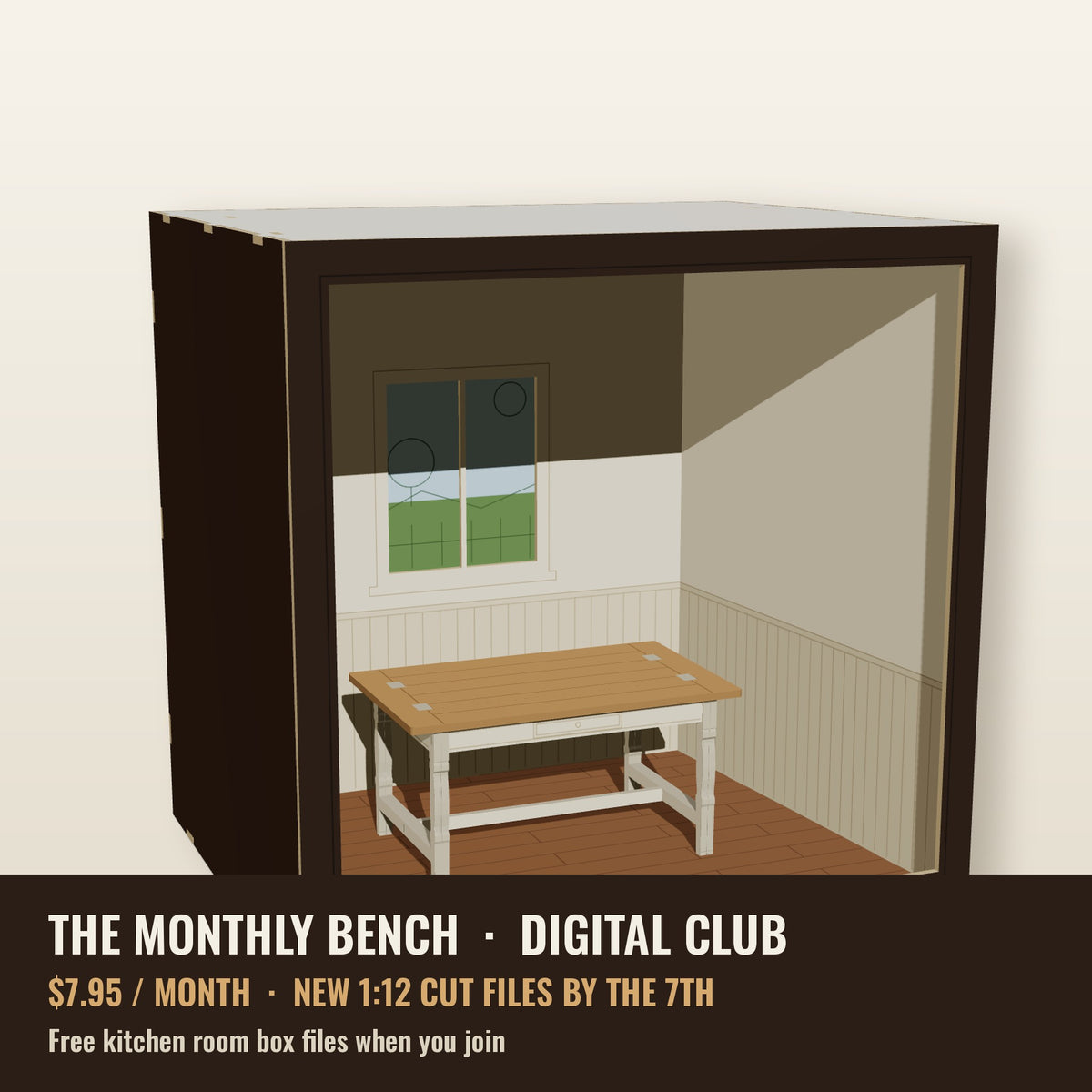 The Monthly Bench digital kit club - 1:12 cottage kitchen room box with farmhouse table, $7.95 a month